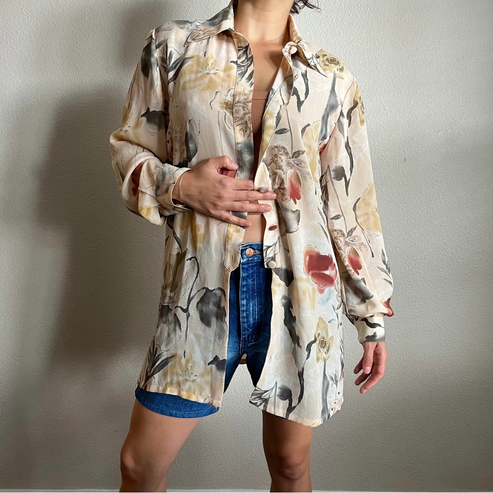 pale yellow floral button up shirt